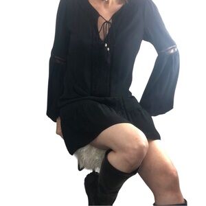 WHBM Whimsigoth Black Dress Sz S Lace Trim Bell Sleeve Witchy Boho Feminine